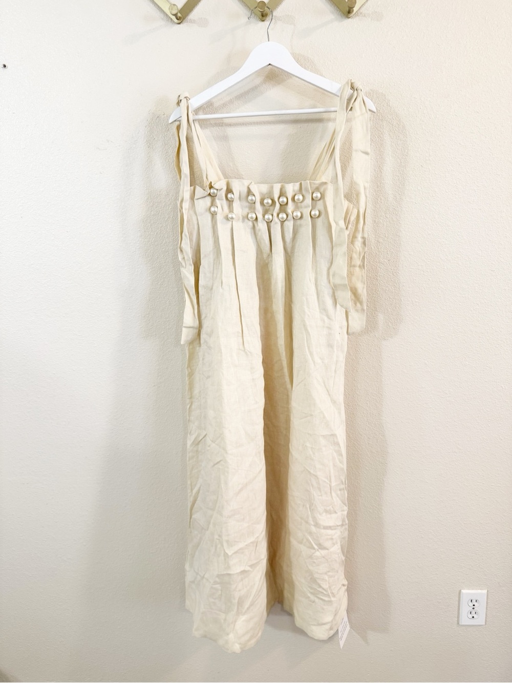 Endless Rose Anthropologie Pearl Tie Strap Linen Midi Dress in Natural Ivory - Picture 9 of 13